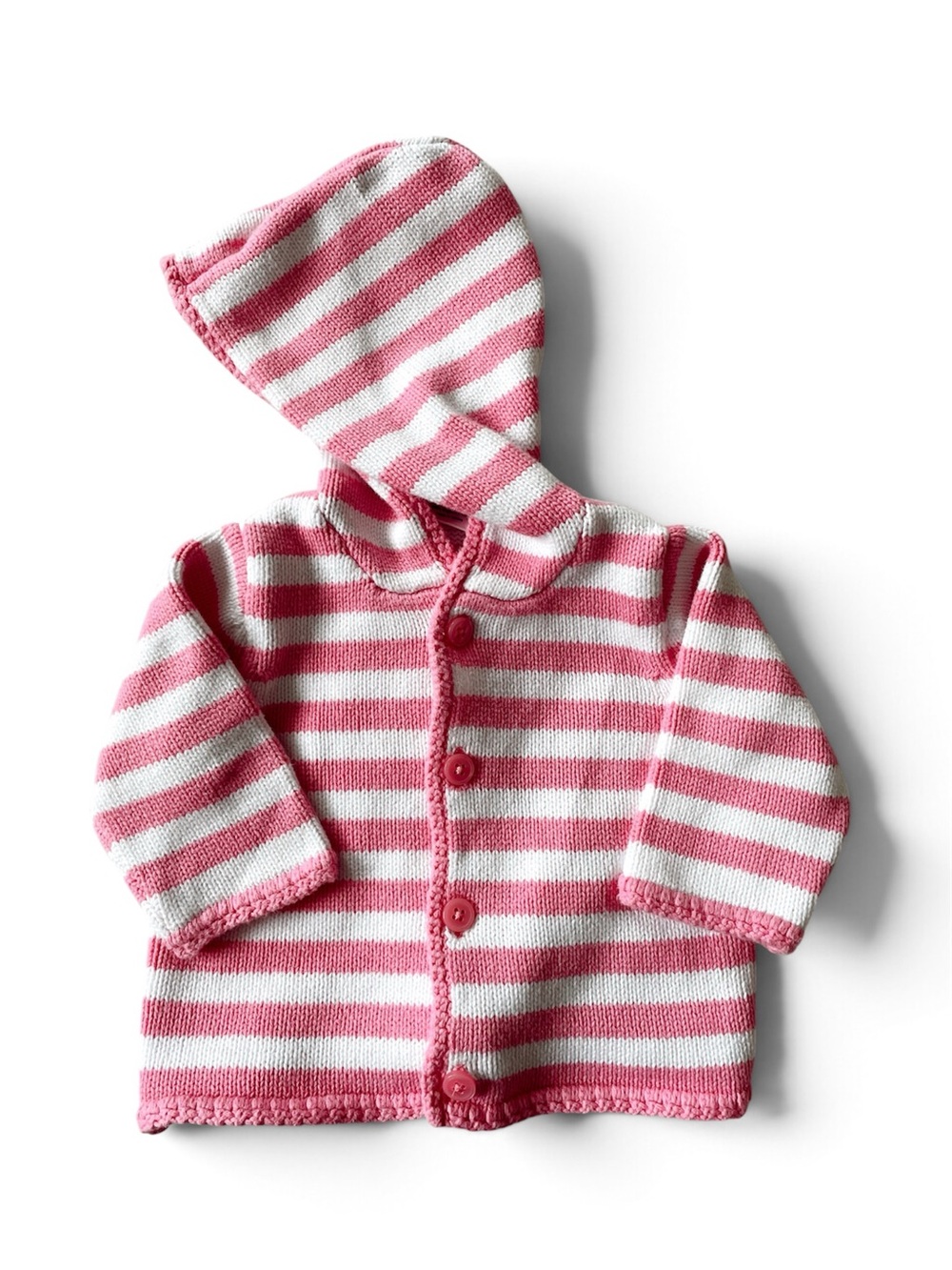 HANNA ANDERSSON Pink White Striped Knit Hooded Cardigan Sweater Cotton Baby 60
